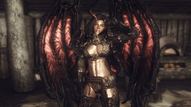 Обои картинки фото видео игры, the elder scrolls v,  skyrim, девушка, фон, взгляд, униформа, рога, крылья