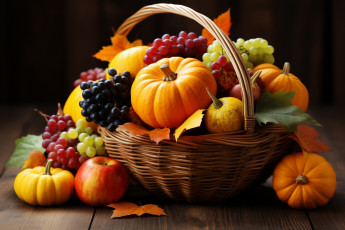 обоя еда, фрукты и овощи вместе, корзинка, кленовые, листья, виноград, тыквы, яблоко