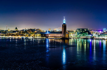 Картинка города стокгольм+ швеция огни вечер река