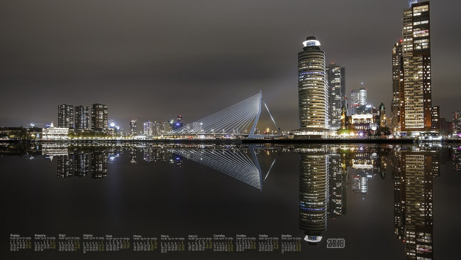 Обои картинки фото календари, города, водоем, 2018, освещение, небоскреб, отражение