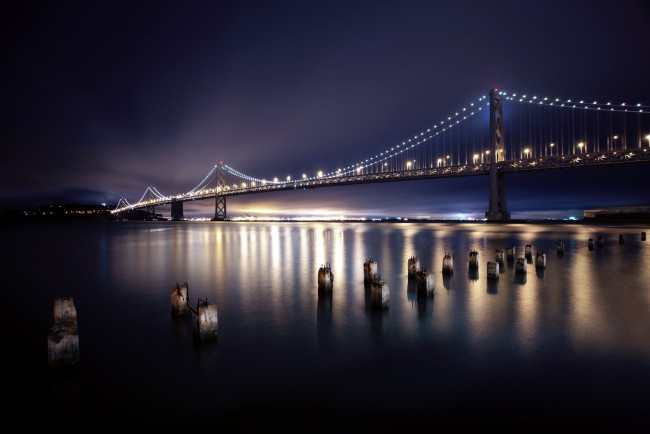 Обои картинки фото города, сан-франциско , сша, ночь, река, огни, мост