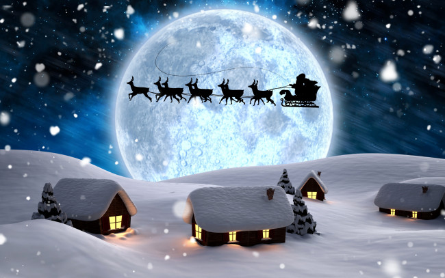 Обои картинки фото праздничные, векторная графика , новый год, луна, олени, санта, праздник, рождество, новый, год, зима, снег, домики