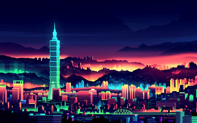 Обои картинки фото векторная графика, город , city, ночь, hd, город, тайвань, behance, минимализм, огни, мир