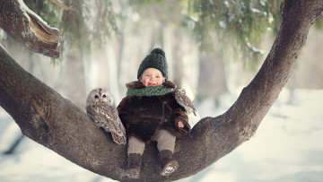 обоя разное, настроения, ребенок, зима, дерево, радость, настроение, мальчик, сова, ствол, дерева, коричневый, детская, шуба