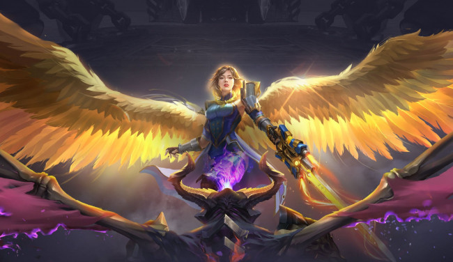 Обои картинки фото видео игры, paladins, девушка, ангел, крылья, оружие, демон