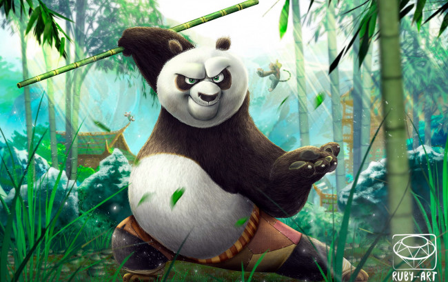 Обои картинки фото мультфильмы, kung fu panda 3, панда, кунг-фу, шест, бамбук, дом