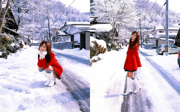 обоя nozomi sasaki, девушки, пальто, сапоги, снег, поселок, зима, горы