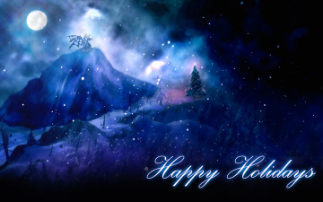 обоя праздничные, 3д графика , новый год, горы, снег, дракон, луна, ёлка