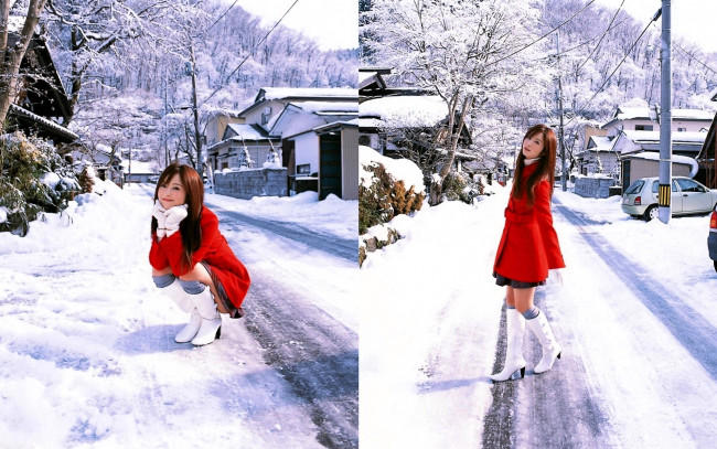 Обои картинки фото nozomi sasaki, девушки, пальто, сапоги, снег, поселок, зима, горы