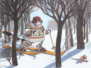 Картинка рисованные животные сказочные мифические кот лыжи лыжник
