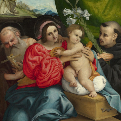 Обои картинки фото lorenzo, lotto, the, virgin, and, child, with, saints, jerome, nicholas, of, tolentino, рисованные