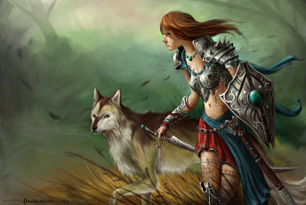 Картинка фэнтези девушки воительница амазонка волк