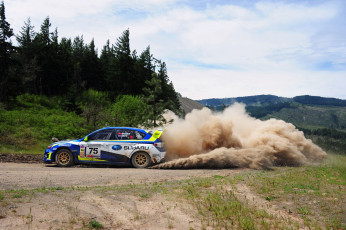 Картинка спорт авторалли subaru rally пыль лес холмы гонка
