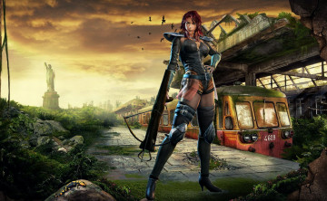 Картинка city raider фэнтези девушки девушка город арбалет поезд руины