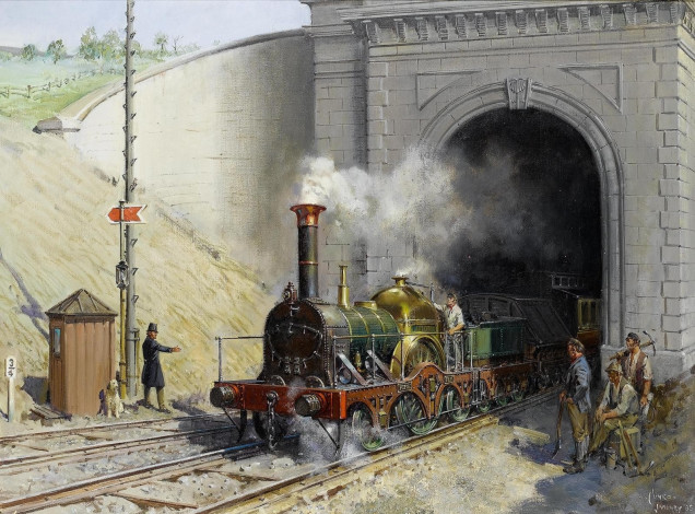 Обои картинки фото рисованные, terence, cuneo, железная, дорога, тоннель, поезда