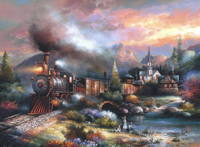 Обои картинки фото рисованные, james, lee, поезда, приветствие, железная, дорога