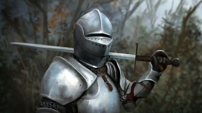 Обои картинки фото рыцарь, рисованные, люди, латы, шлем, меч