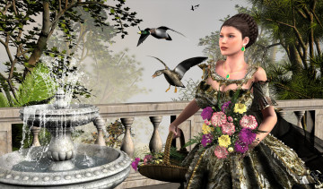 Картинка 3д+графика people+ люди девушка цветы фонтан птицы