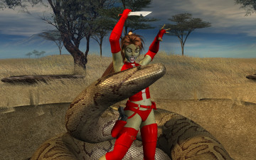 Картинка 3д+графика fantasy+ фантазия нож змея девушка кошка