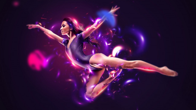 Обои картинки фото фэнтези, девушки, flying, begie, purple, dancing, abstract, lights, pink, woman, athlete