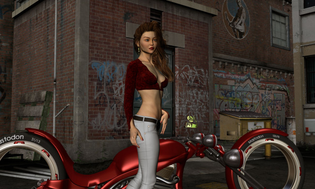 Обои картинки фото мотоциклы, 3d, мотоцикл, улица, девушка