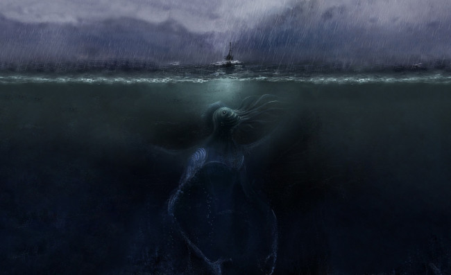 Обои картинки фото фэнтези, существа, ктулху, море, чудовище, монстр, ливень, корабль, глубина