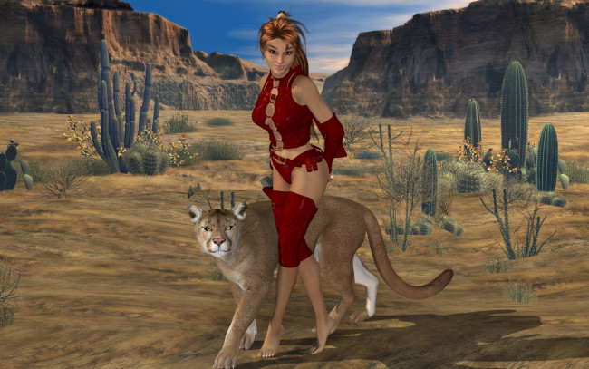 Обои картинки фото 3д графика, fantasy , фантазия, девушка, кошка, леопард, кактусы, пустыня, горы
