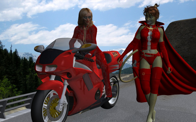 Обои картинки фото 3д графика, fantasy , фантазия, девушка, мотоцикл, плащ, кошка