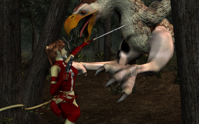 Обои картинки фото 3д графика, fantasy , фантазия, лес, девушка, кошка, пистолет, меч, птица