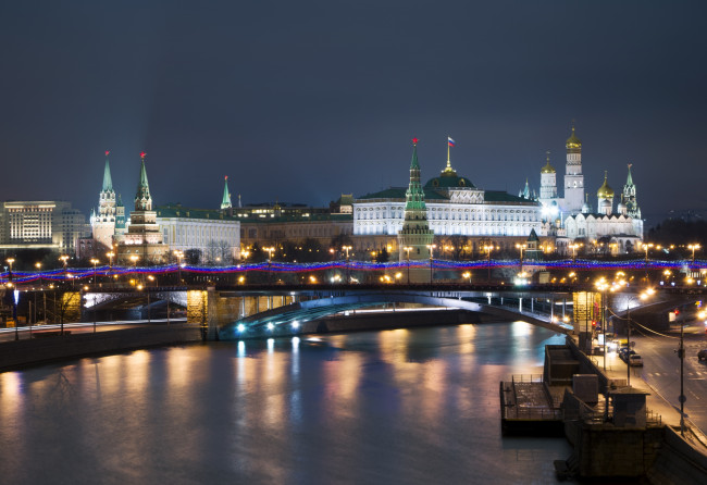 Обои картинки фото города, москва , россия, река, ночь