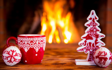 Картинка праздничные -+разное+ новый+год шарики чашка огонь ёлка вязание