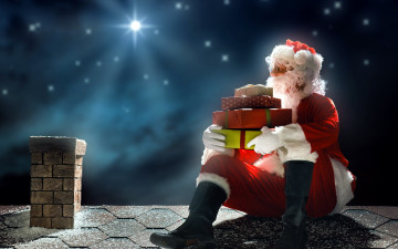 Картинка праздничные дед+мороз +санта+клаус подарки санта труба крыша