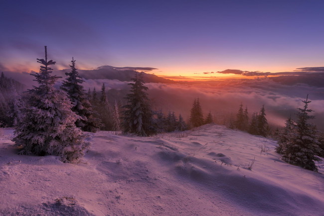 Обои картинки фото природа, зима, румыния, брашов, массив, поставару, закат