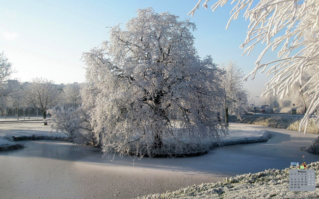 Обои картинки фото календари, природа, 2018, деревья, снег, зима