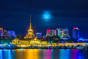 Картинка сочи города сочи+ россия море город морвокзал ночь огни