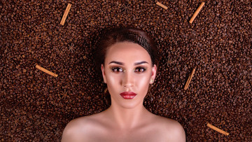 Картинка девушки -+лица +портреты кофейные зерна брюнетка корица макияж
