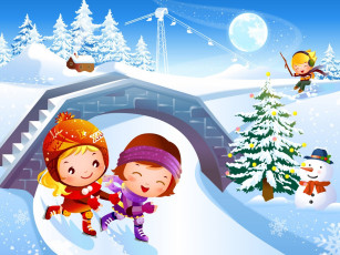 Картинка праздничные векторная+графика+ новый+год дети ёлка коньки горка снеговик снег