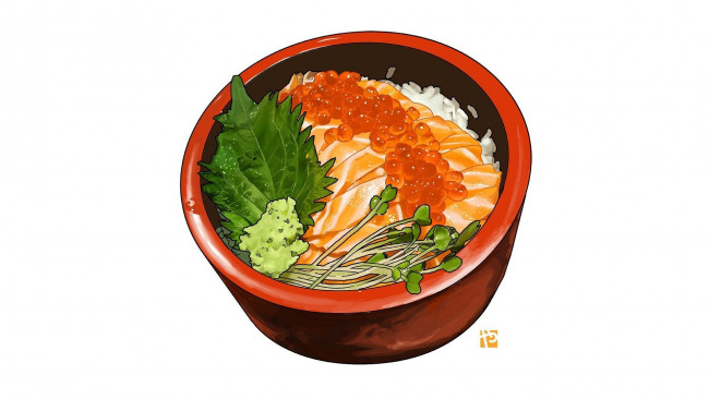 Обои картинки фото рисованное, еда, миска, зелень, икра, рыба, рис