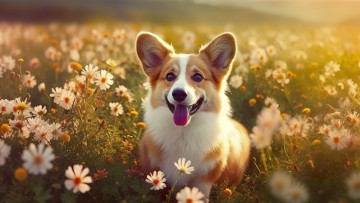 Картинка 3д+графика животные+ animals взгляд цветы поза портрет собака мордашка ии-арт