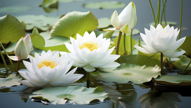 Обои картинки фото 3д графика, цветы , flowers, цветы, озеро, пруд, белая, водяные, лилии, водоем, водяная, лилия