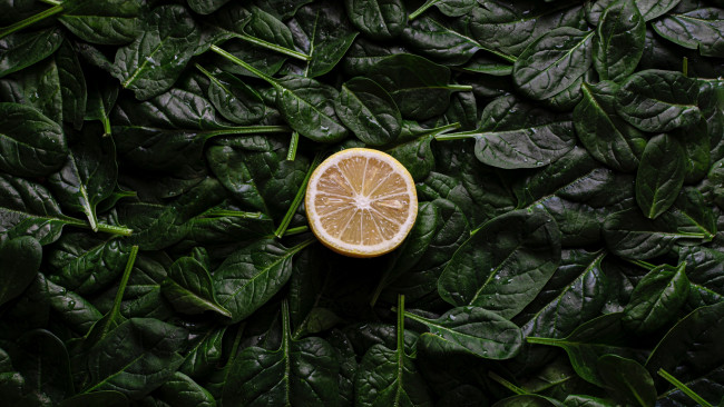 Обои картинки фото еда, фрукты и овощи вместе, лимон, шпинат