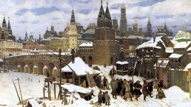 Обои картинки фото москва конца xvii века,  аполлинарий васнецов, рисованное, аполлинарий васнецов, город, люди, зима, снег