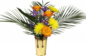 Картинка цветы букеты композиции хризантемы ваза папоротник розы