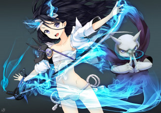 Картинка аниме angels demons магия существо девушка фон арт shiro+shougun меч рога демон сова бинт оружие