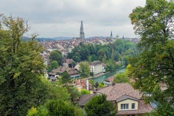 Картинка bern switzerland города берн швейцария деревья здания река панорама