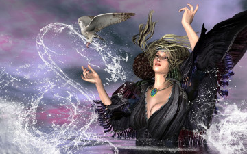 Картинка 3д графика fantasy фантазия платье амулет руки рендеринг брызги девушка птица вода капли
