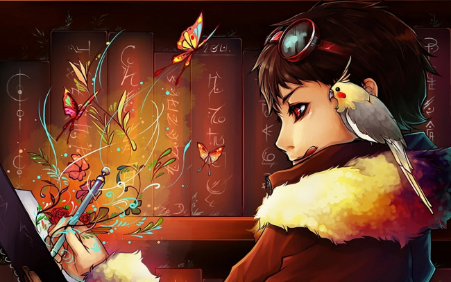 Обои картинки фото аниме, *unknown, другое, книги, бабочки, очки, попугай