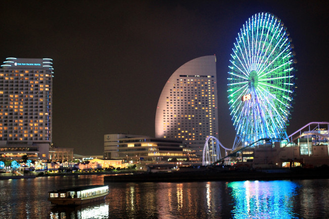 Обои картинки фото города, йокогама, Япония, здание, колесо, обозрения, ночь