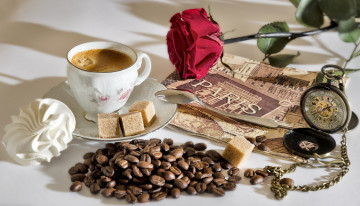 Картинка еда кофе +кофейные+зёрна зерна чашка сахар зефир часы роза