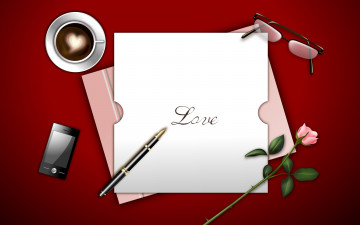 обоя праздничные, день святого валентина,  сердечки,  любовь, сердечко, ручка, кофе, цветок, роза, письмо, любовь, бумага, чашка, стол, телефон, блюдце, очки